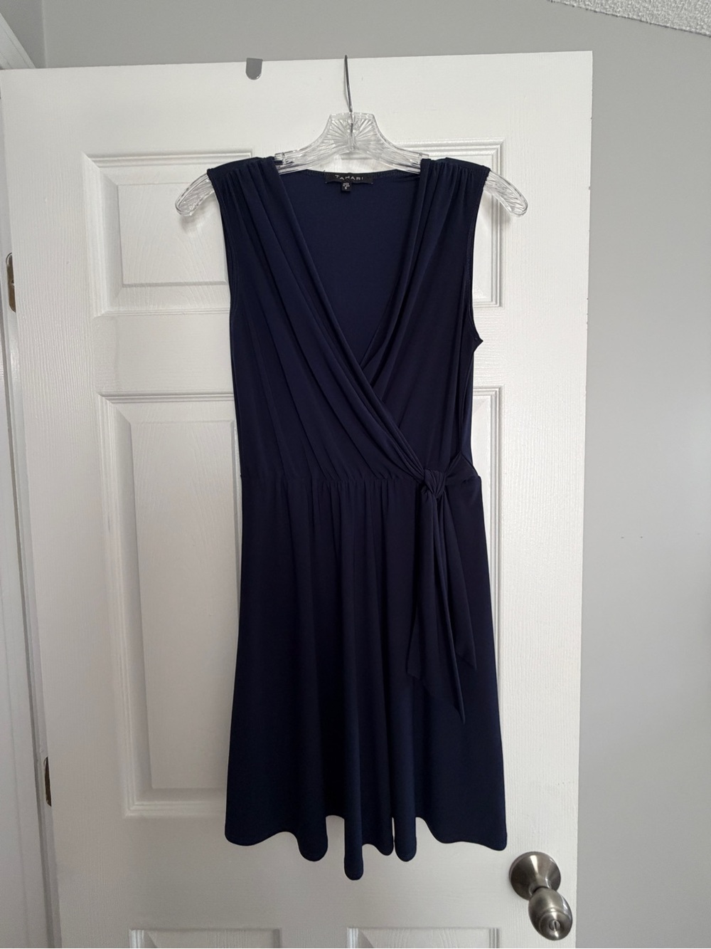 Tahari Navy Sleeveless Faux-Wrap Dress with Side Knot